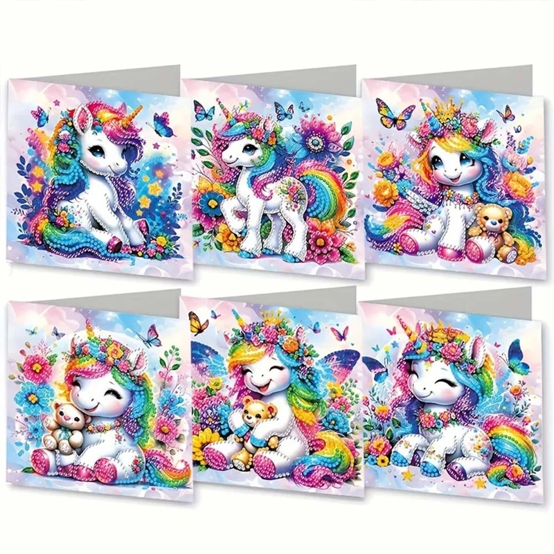 5D Diamond Painting Grußkarten – Regenbogen-Einhörner 6 Stück