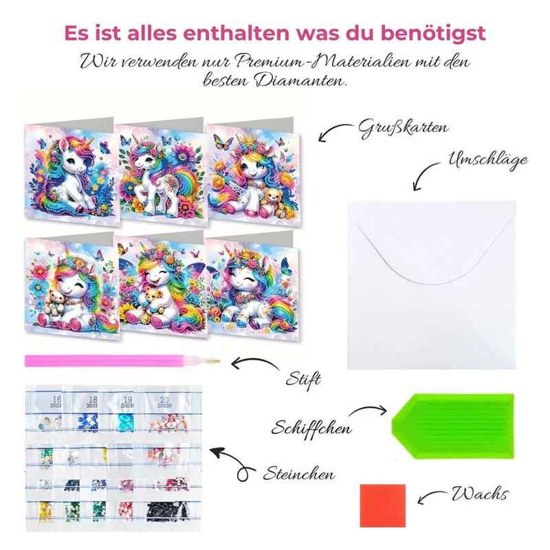 5D Diamond Painting Grußkarten – Regenbogen-Einhörner 6 Stück
