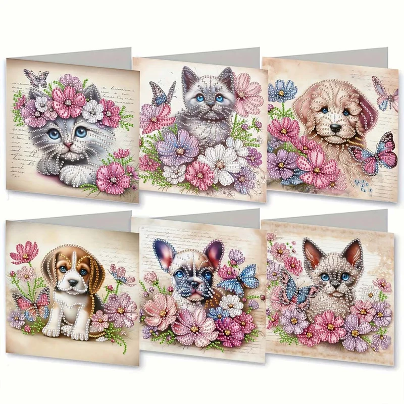 5D Diamond Painting Grußkarten – Tierische Blumengrüße 6 Stück