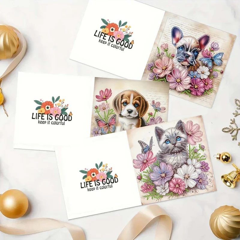 5D Diamond Painting Grußkarten – Tierische Blumengrüße 6 Stück