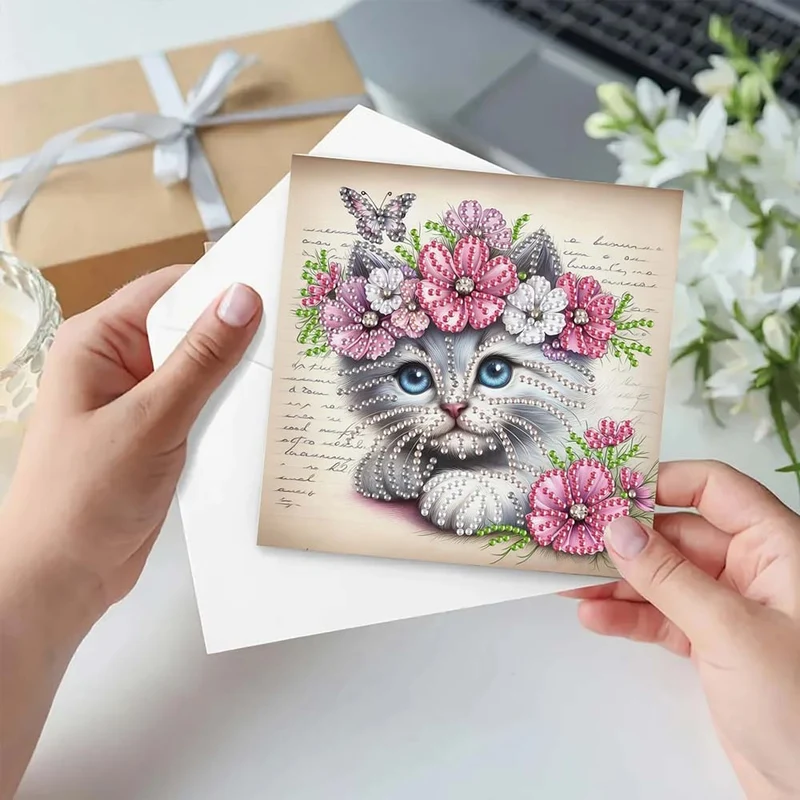5D Diamond Painting Grußkarten – Tierische Blumengrüße 6 Stück