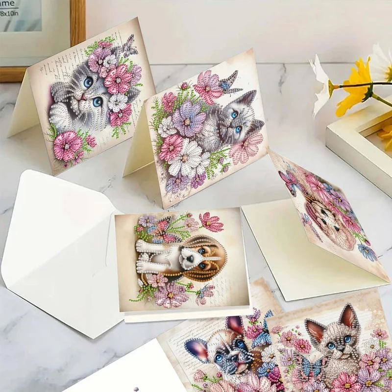 5D Diamond Painting Grußkarten – Tierische Blumengrüße 6 Stück