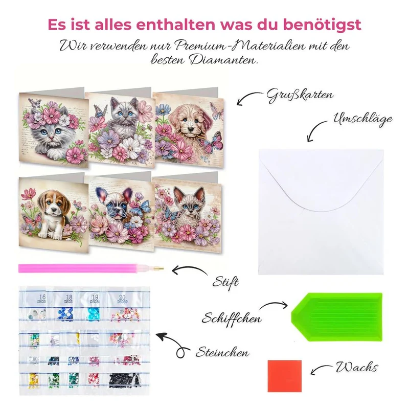 5D Diamond Painting Grußkarten – Tierische Blumengrüße 6 Stück