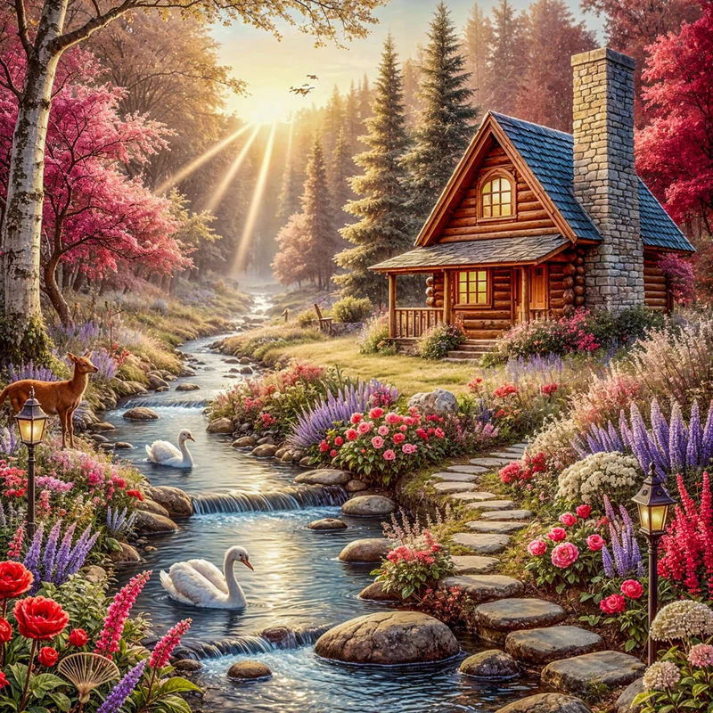 5D Diamond Painting – Zauberhütte im Morgenlicht