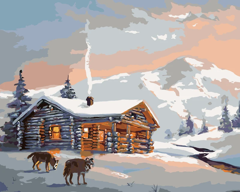 Diamond painting - WÖLFE UND HÜTTE IM WINTER (D. RUSTY RUST)