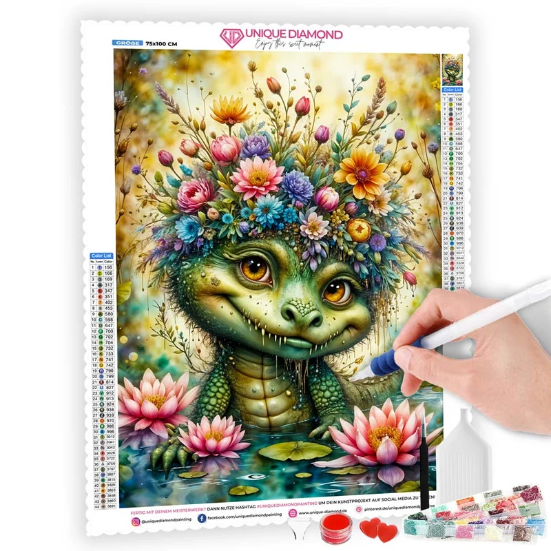 5D Diamond Painting – Fröhliches Blumen-Krokodil