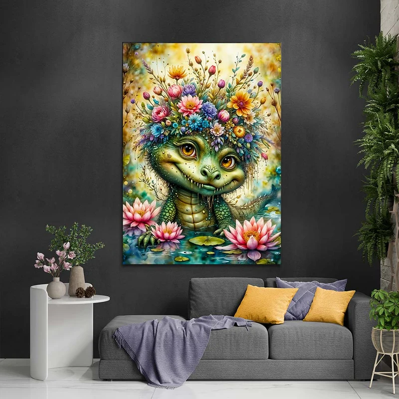 5D Diamond Painting – Fröhliches Blumen-Krokodil