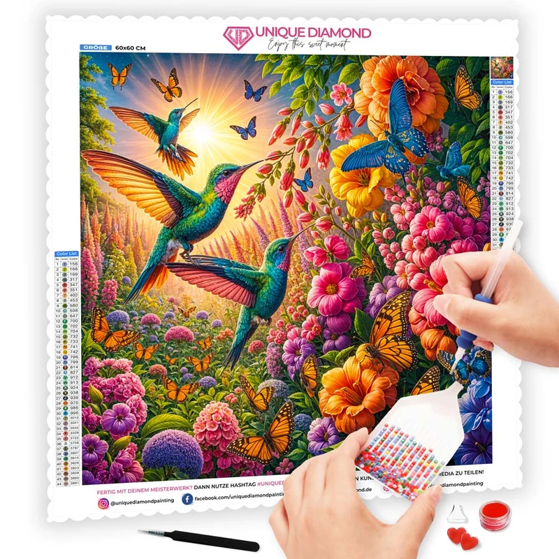 5D Diamond Painting – Zauberhafte Kolibris im Blütenmeer