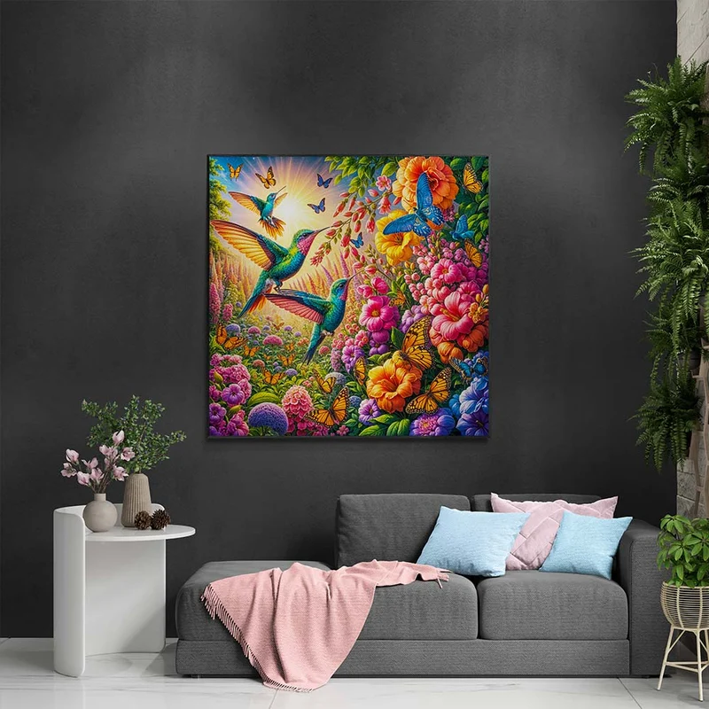 5D Diamond Painting – Zauberhafte Kolibris im Blütenmeer