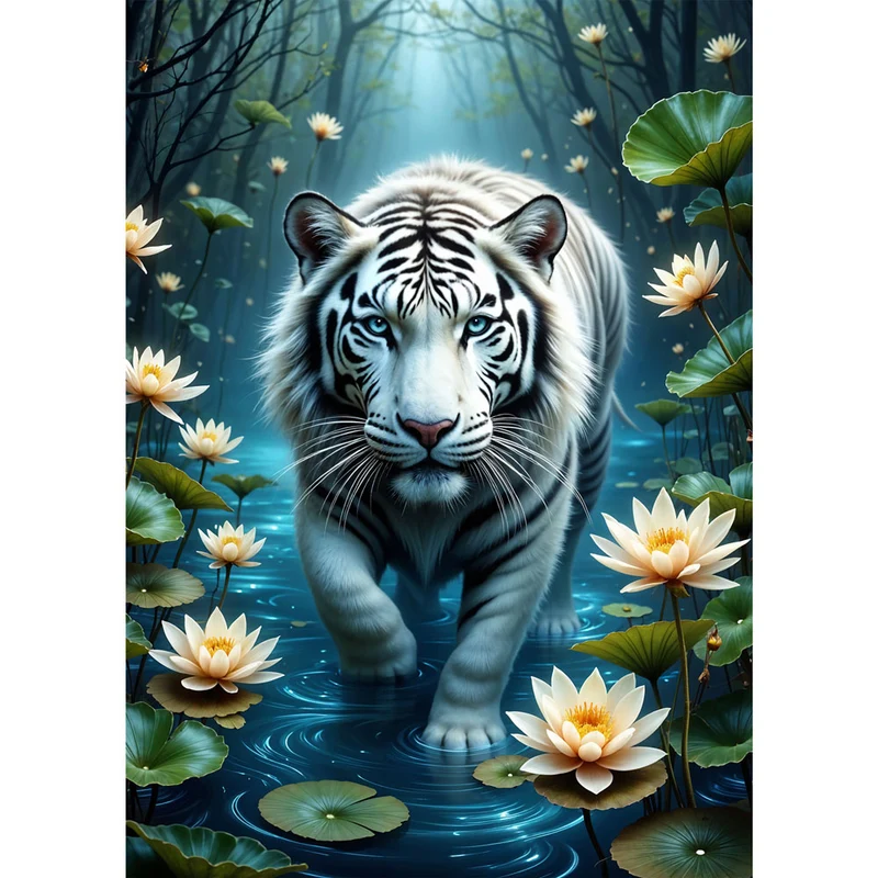 5D Diamond Painting – Weißer Tiger im Seerosenteich