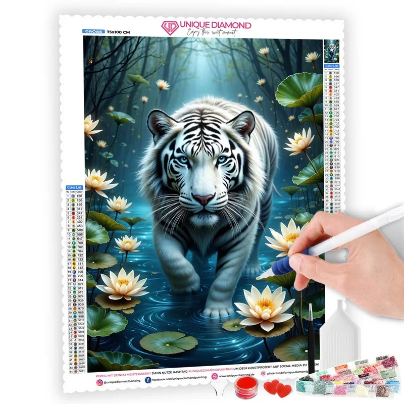 5D Diamond Painting – Weißer Tiger im Seerosenteich