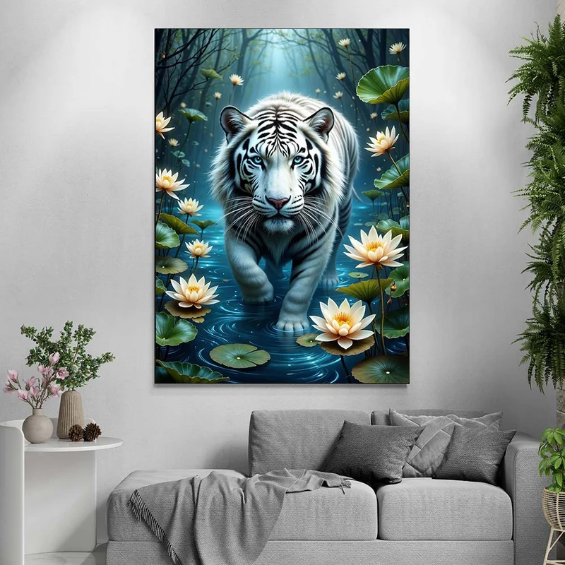 5D Diamond Painting – Weißer Tiger im Seerosenteich