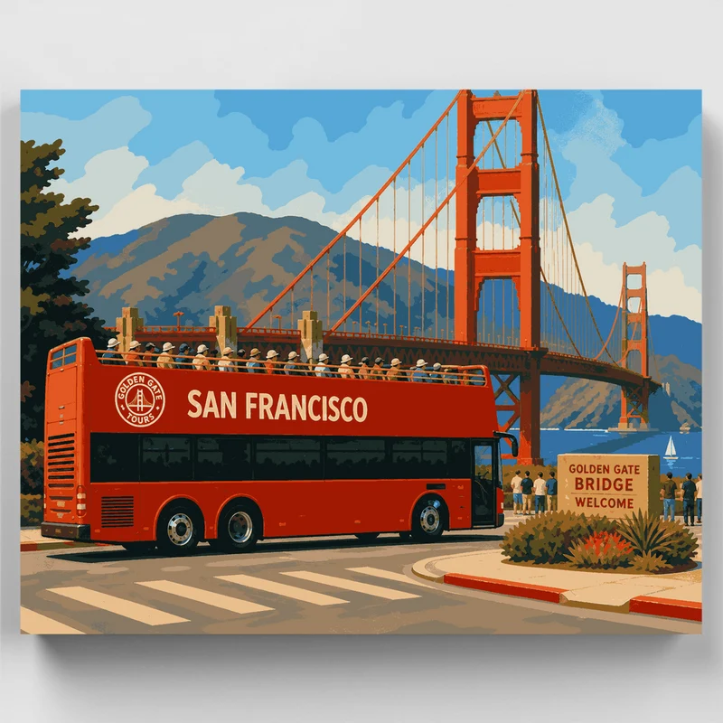 Red Tour Bus at Golden Gate - Paint by Numbers Kit
