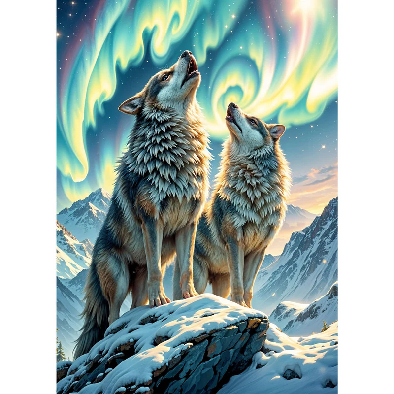 5D Diamond Painting – Wölfe im Nordlicht