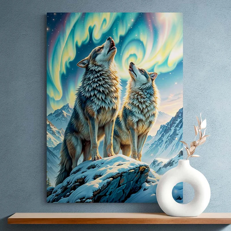 5D Diamond Painting – Wölfe im Nordlicht