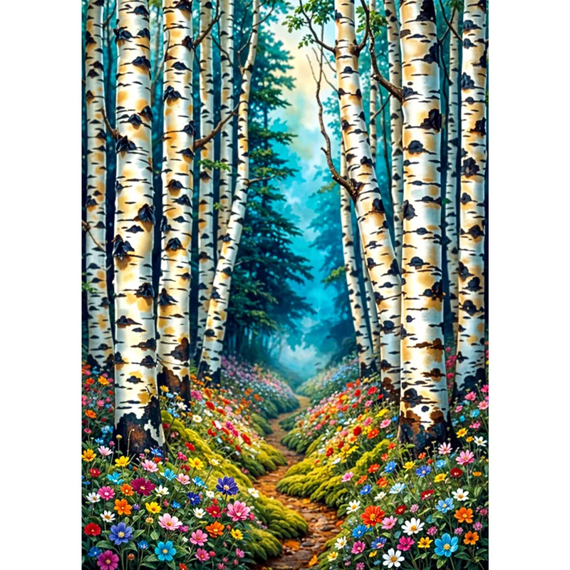 5D Diamond Painting – Blütenpfad im Birkenwald