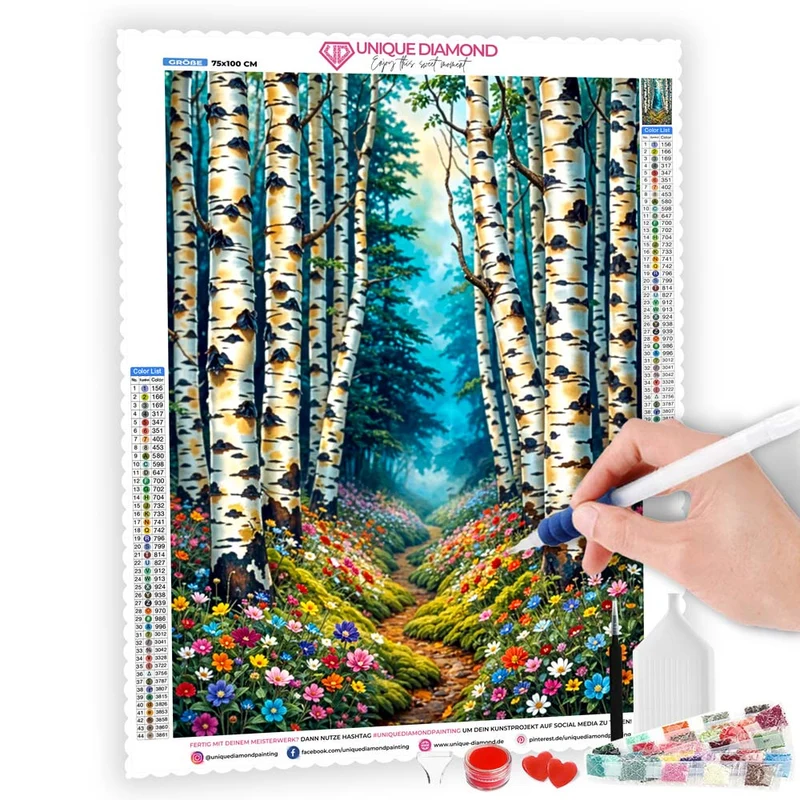 5D Diamond Painting – Blütenpfad im Birkenwald