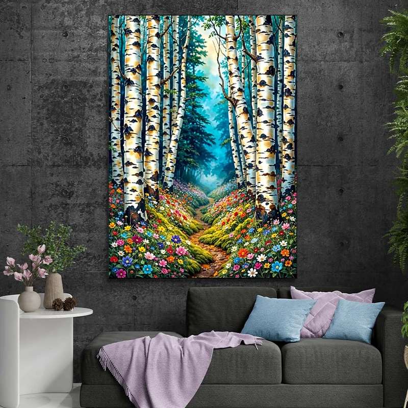 5D Diamond Painting – Blütenpfad im Birkenwald