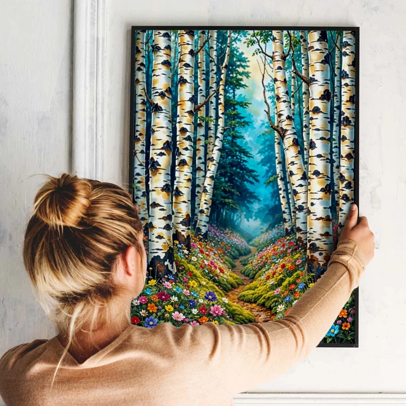 5D Diamond Painting – Blütenpfad im Birkenwald
