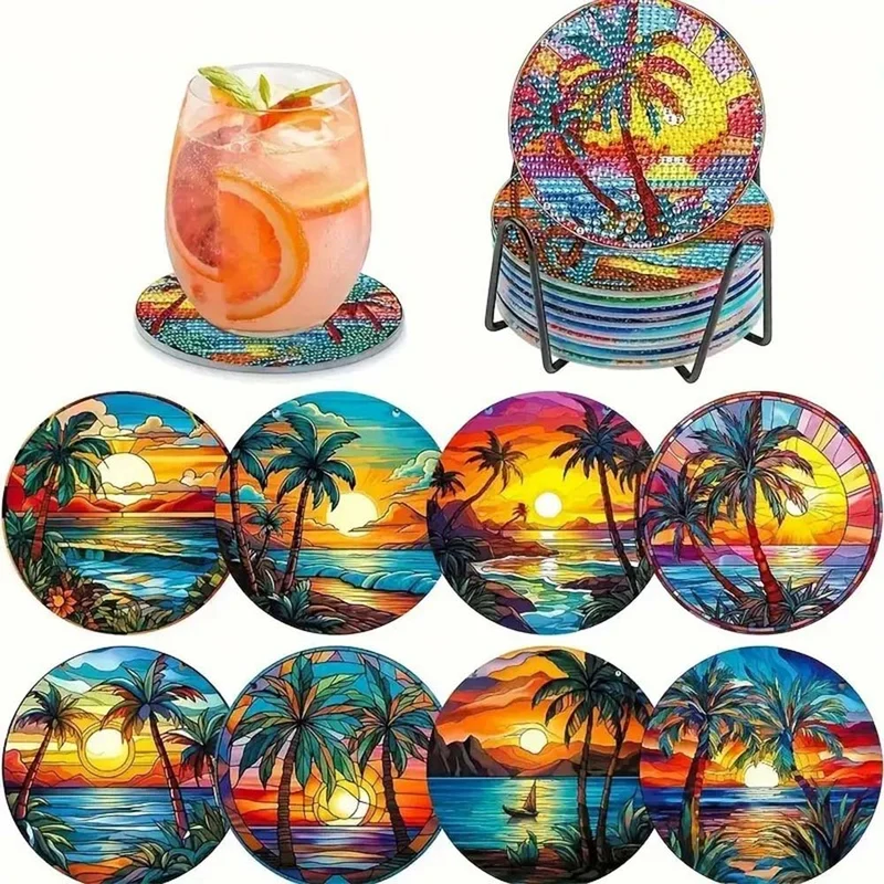 5D Diamond Painting Untersetzer – Tropischer Sonnenuntergang