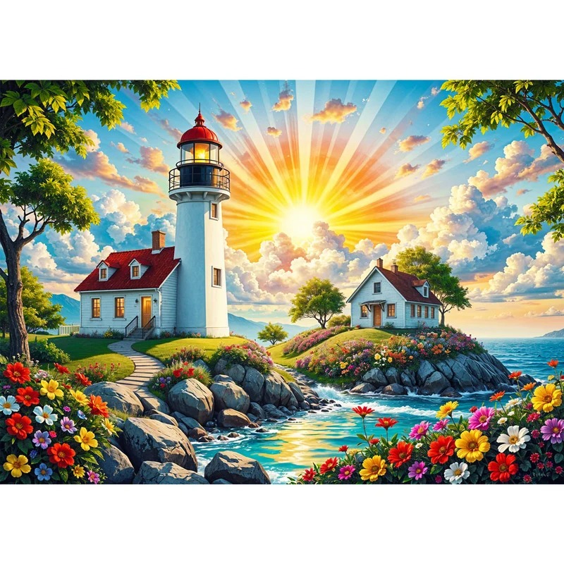 5D Diamond Painting – Leuchtturm im Blumenmeer