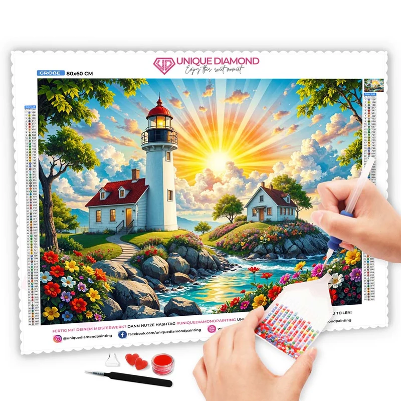 5D Diamond Painting – Leuchtturm im Blumenmeer