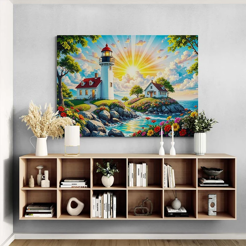 5D Diamond Painting – Leuchtturm im Blumenmeer