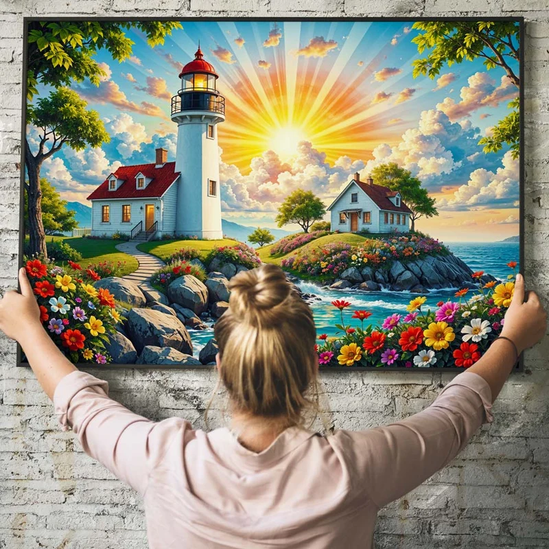5D Diamond Painting – Leuchtturm im Blumenmeer