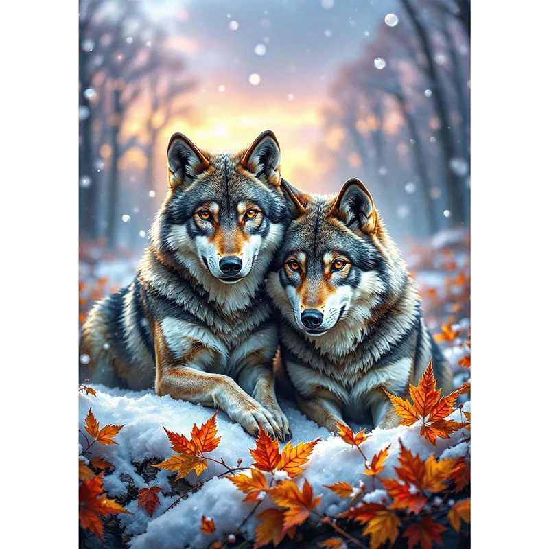 5D Diamond Painting – Wolfspaar im Winterwald