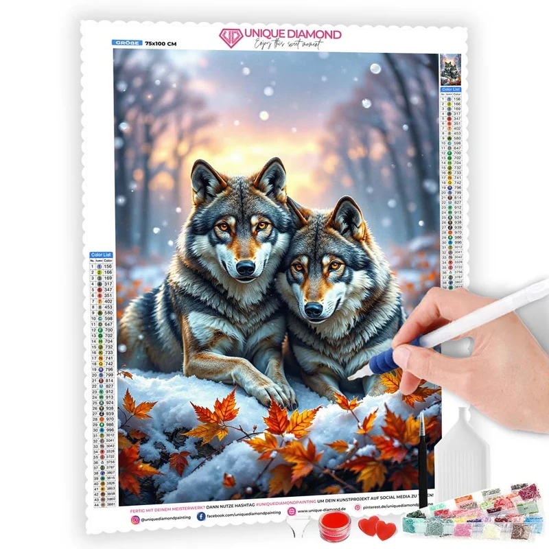 5D Diamond Painting – Wolfspaar im Winterwald