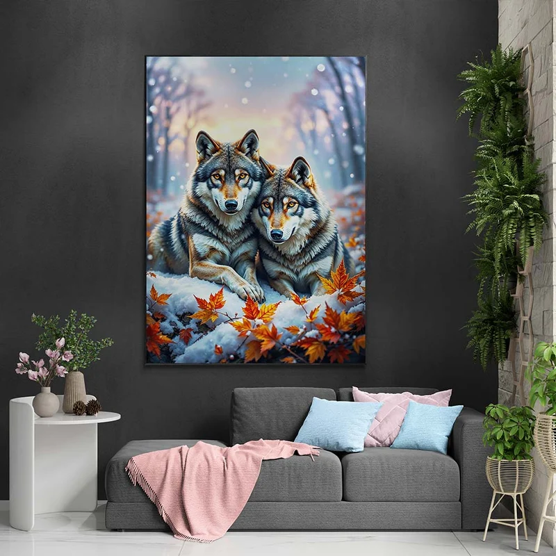 5D Diamond Painting – Wolfspaar im Winterwald