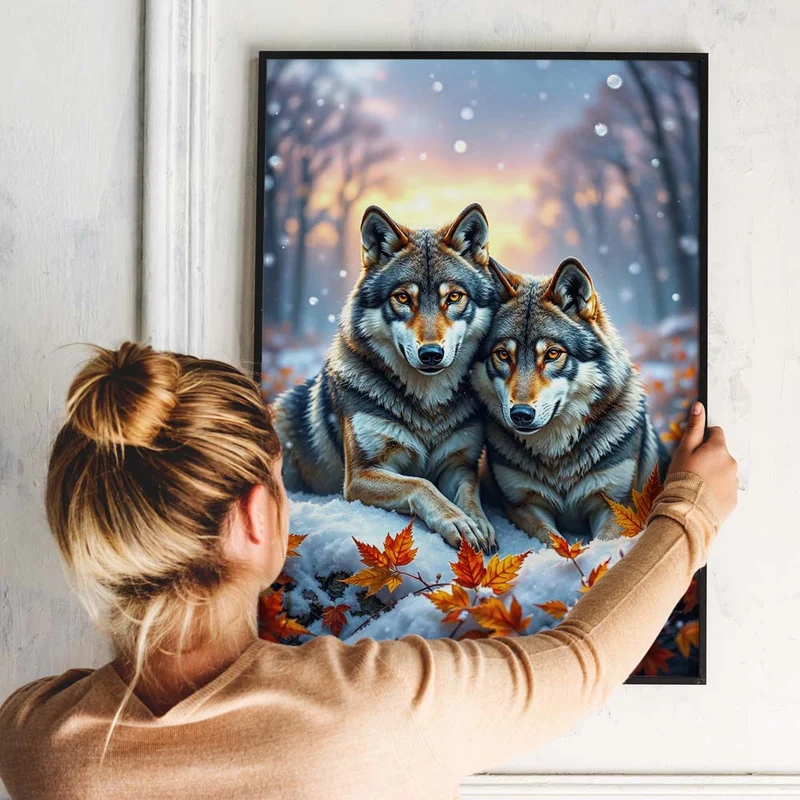 5D Diamond Painting – Wolfspaar im Winterwald