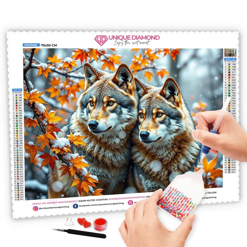 5D Diamond Painting – Winterwölfe im Herbstwald