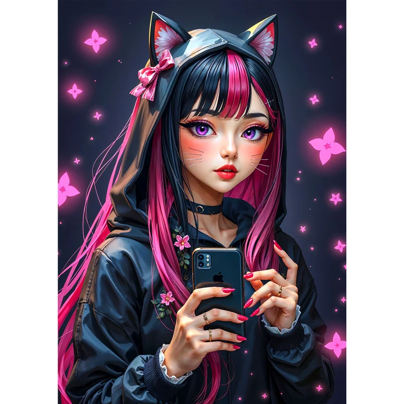 5D Diamond Painting – Neko-Girl mit Smartphone