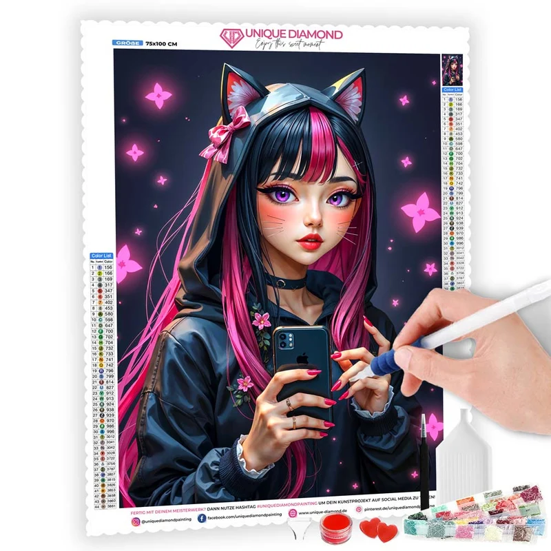 5D Diamond Painting – Neko-Girl mit Smartphone