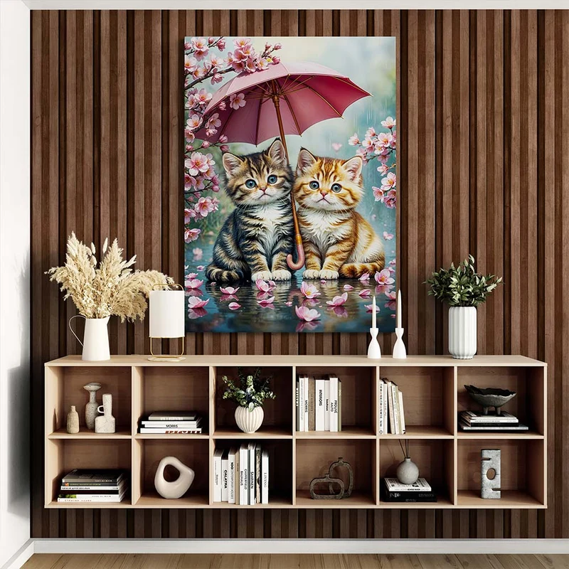 5D Diamond Painting – Kätzchen im Kirschblütenregen