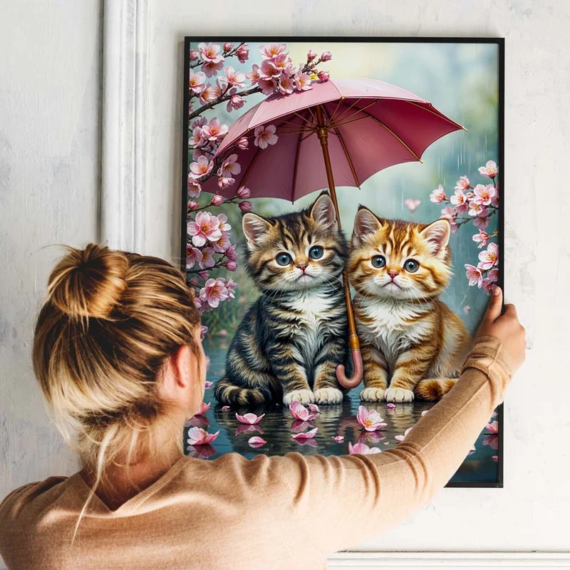 5D Diamond Painting – Kätzchen im Kirschblütenregen