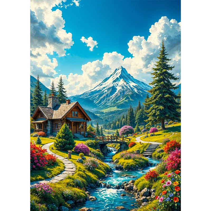 5D Diamond Painting – Berghütte am Bachlauf