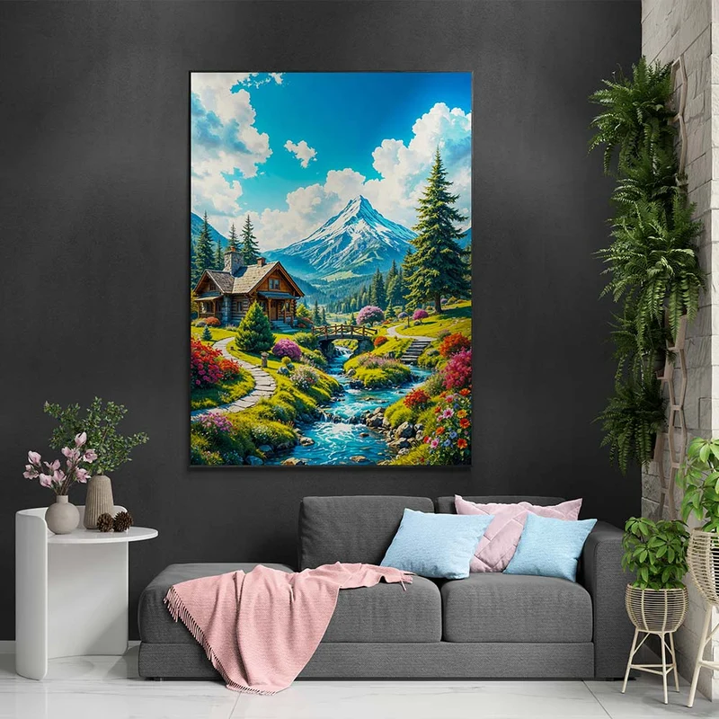 5D Diamond Painting – Berghütte am Bachlauf