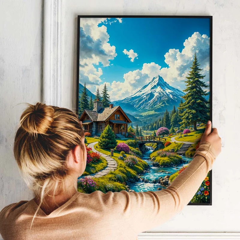 5D Diamond Painting – Berghütte am Bachlauf