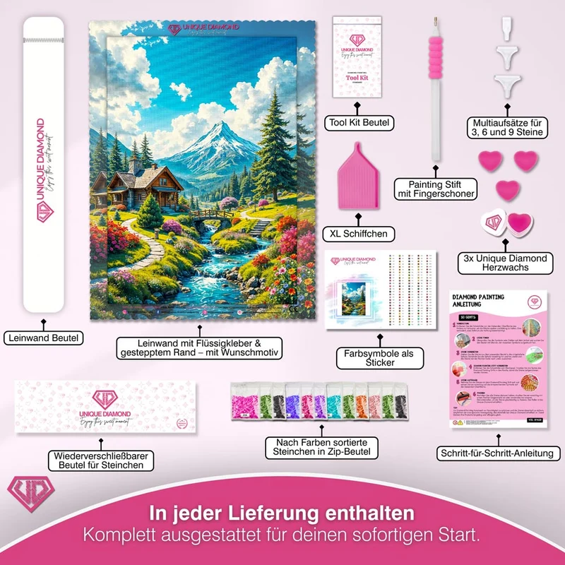 5D Diamond Painting – Berghütte am Bachlauf
