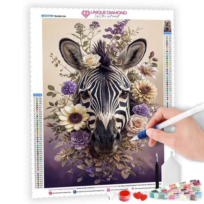 5D Diamond Painting – Zaira, das elegante Blumen-Zebra