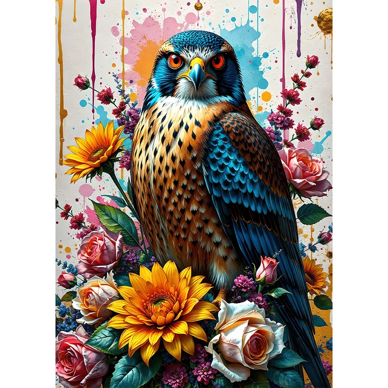 5D Diamond Painting – Majestätischer Falke in Blütenpracht
