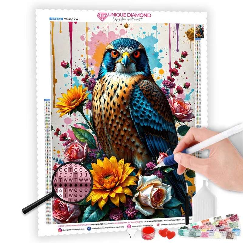 5D Diamond Painting – Majestätischer Falke in Blütenpracht