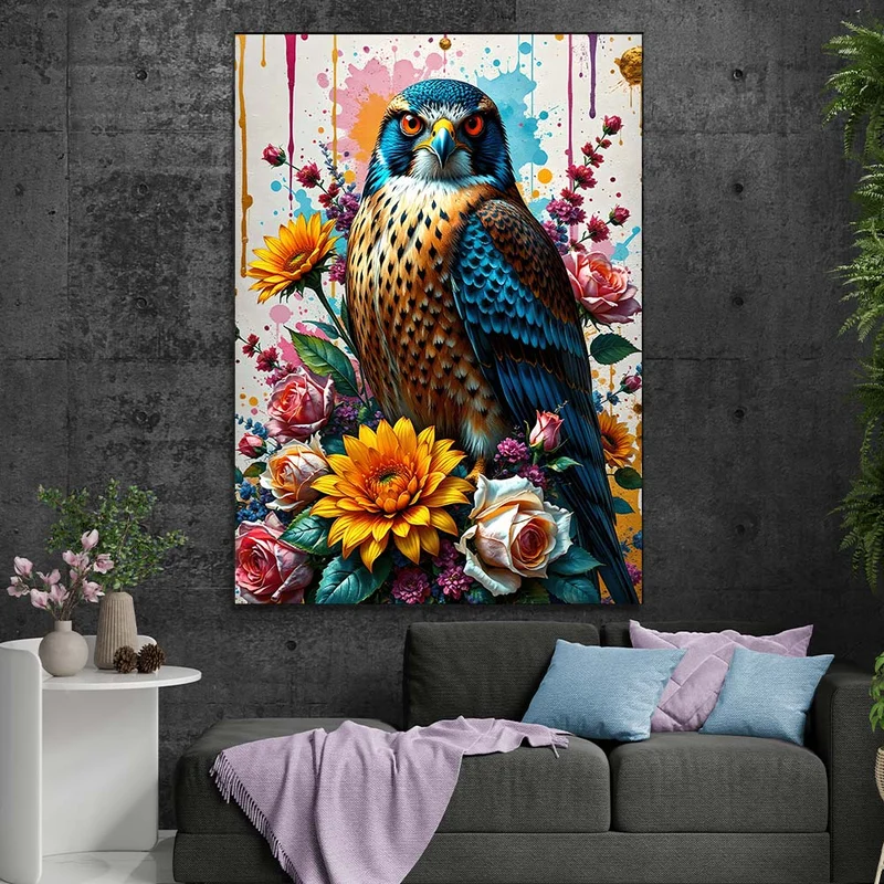 5D Diamond Painting – Majestätischer Falke in Blütenpracht