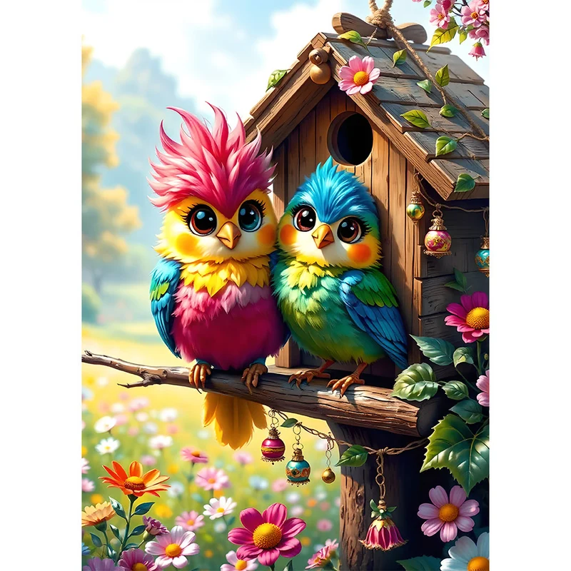 5D Diamond Painting – Farbenfrohe Freunde am Vogelhaus