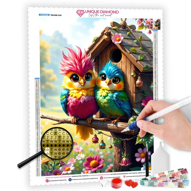 5D Diamond Painting – Farbenfrohe Freunde am Vogelhaus