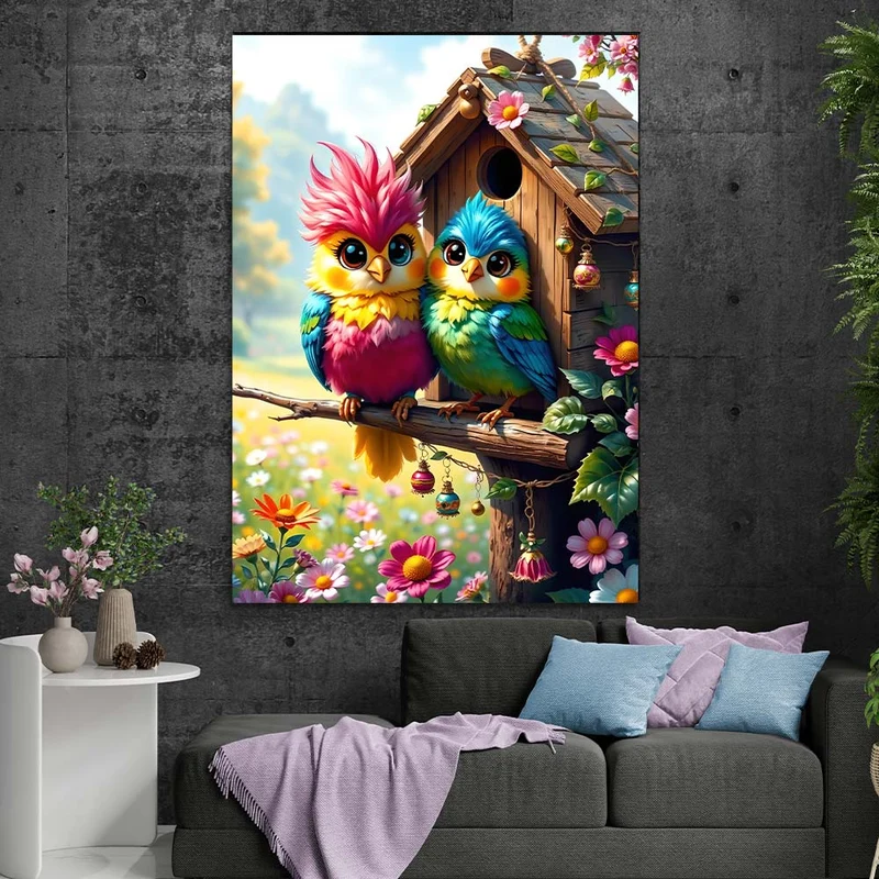 5D Diamond Painting – Farbenfrohe Freunde am Vogelhaus