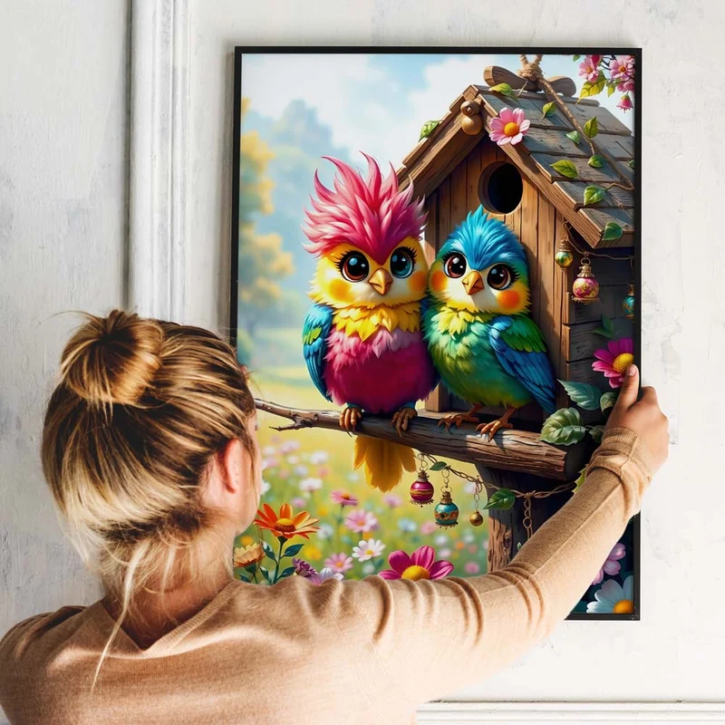 5D Diamond Painting – Farbenfrohe Freunde am Vogelhaus