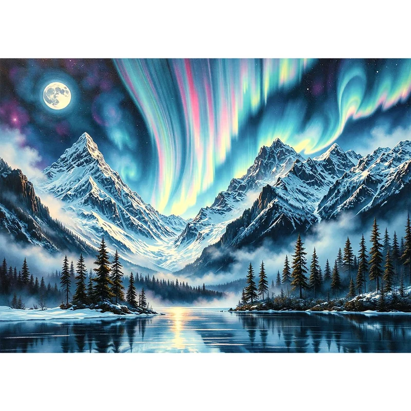 5D Diamond Painting - Polarlichter über den Bergen